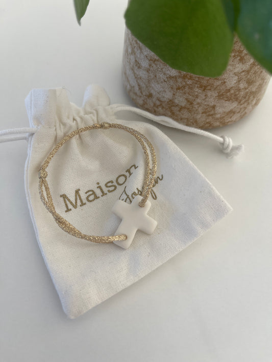 BRACELET CROIX CÉRAMIQUE NOTRE DAME BLANC & LIEN MOKUBA DORÉ IRISÉ