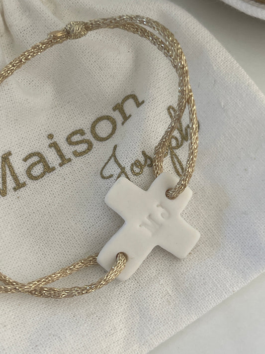 BRACELET CROIX CÉRAMIQUE NOTRE DAME BLANC & LIEN MOKUBA DORÉ IRISÉ