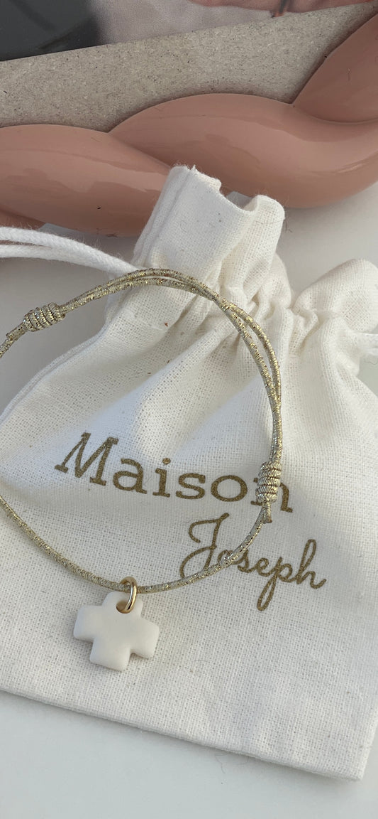 BRACELET PAMPILLE CERAMIQUE CROIX NOTRE DAME & LIEN REGLABLE ELASTIQUE