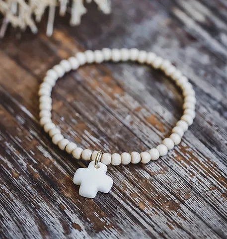Bracelet céramique blanche et perles de bois Notre Dame