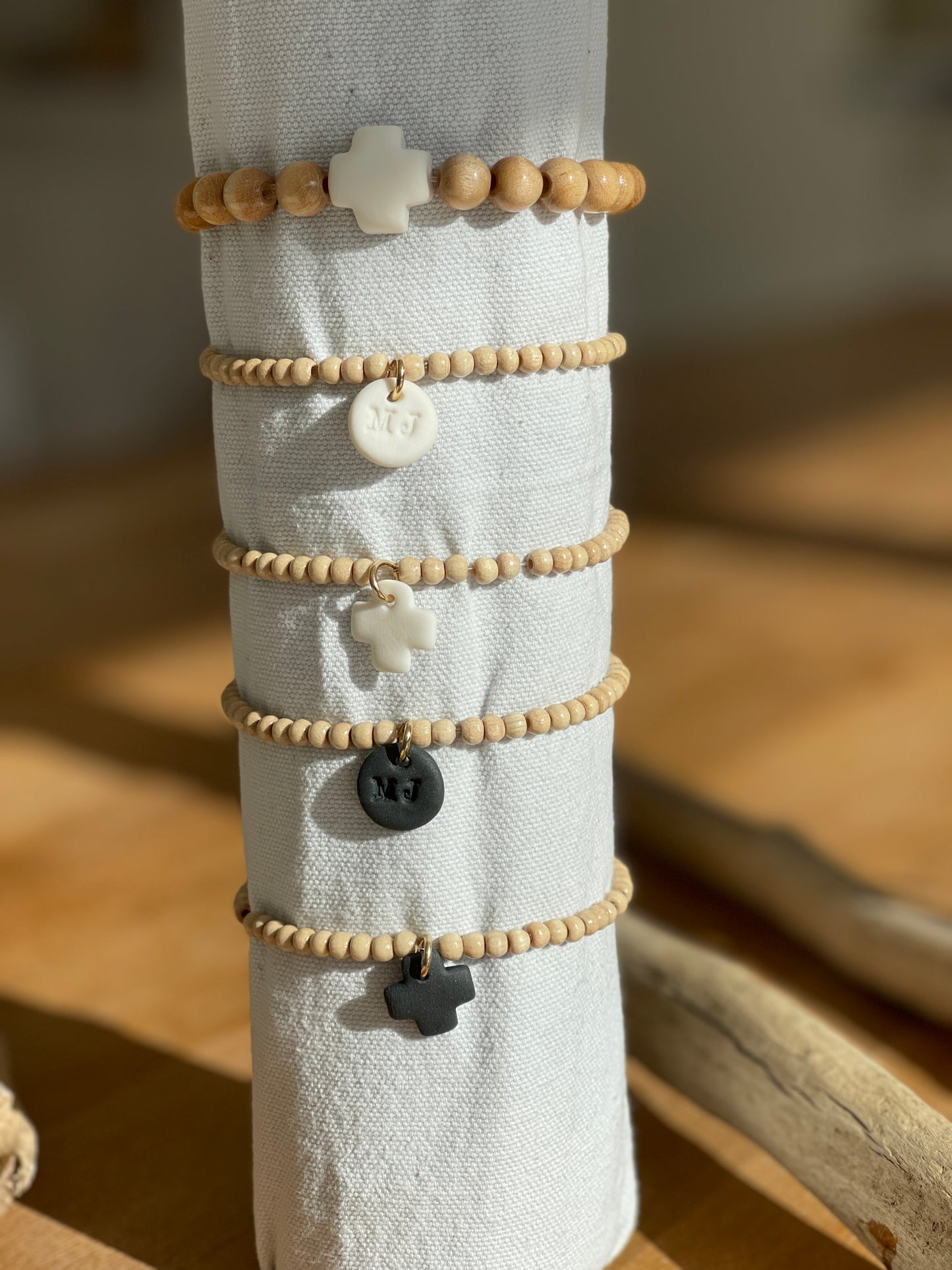 Bracelet céramique blanche Petit Joseph et perles de bois